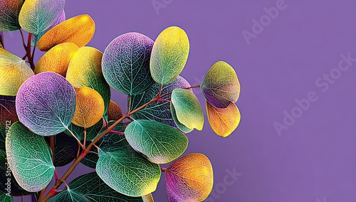 Vibrant eucalyptus leaves against a muted purple background