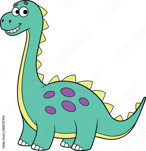 Vector art of cute cartoon green dinosaur with purple spots and yellow spikes