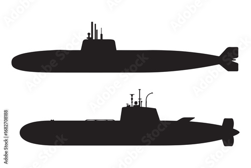 Set of Submarine Silhouette, Military Equipment. Vector black silhouette. with white background