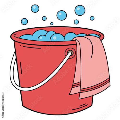 Vector art of red bucket filled with soapy water and bubbles, with a pink towel draped over the side