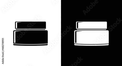 A simple jar of cosmetic cream, a black and white split icon representing skincare, beauty products, and moisturizers.