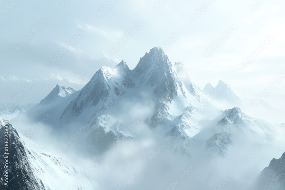 Obraz premium A breathtaking vista of snow-capped peaks shrouded in ethereal mist, showcasing a serene and majestic mountain landscape.