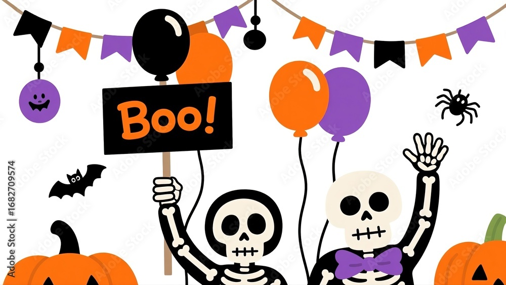 Fototapeta premium Flat vector illustration of Halloween party collection with cute skeleton holding 