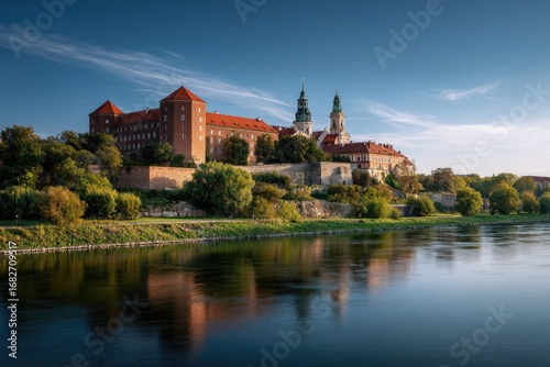 A grand view of Wawel Castle rising above the Vistula River, its Gothic and Renaissance architecture glowing in warm afternoon light