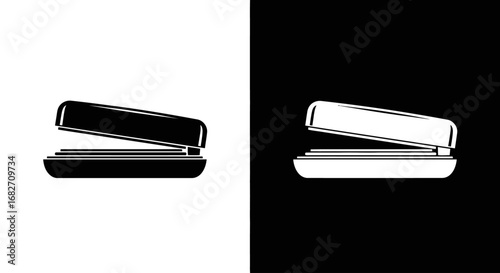 An eyelash curler, a black and white split icon representing a beauty tool for eye makeup and enhancing lashes.