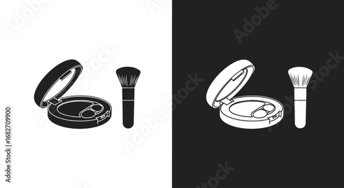 An open powder compact with a brush, a black and white split icon representing blush, bronzer, and face makeup application.