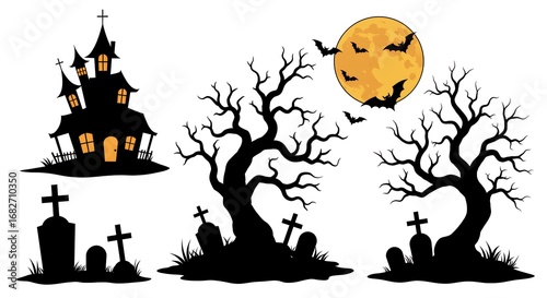 Vector set of Halloween silhouettes including haunted house, dry trees, graveyard, crosses, bats, and full moon, solid black shapes, white background