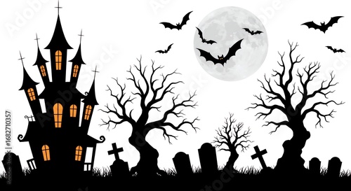 Vector set of Halloween silhouettes including haunted house, dry trees, graveyard, crosses, bats, and full moon, solid black shapes, white background