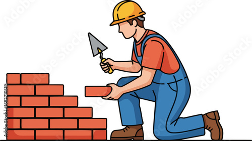 construction worker building brick wall steady hands, precise placement, construction site illustration, isolated on transparent background