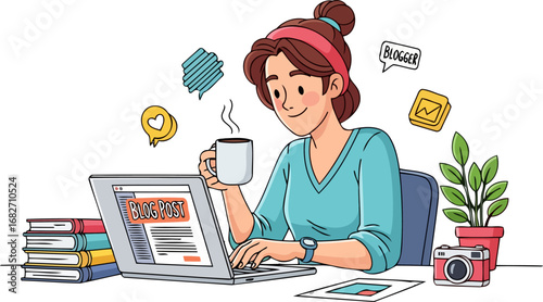 content creators cozy corner a happy blogger crafting a captivating blog post, isolated on transparent background