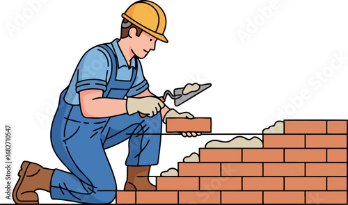 construction worker building brick wall a master craftsman at work, dedication and precision in construction, isolated on transparent background