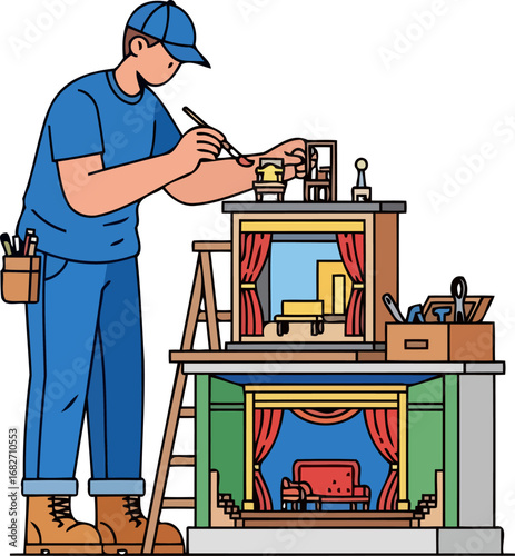 craftsman building intricate miniature theater stage a delicate balance of art and skill, isolated on transparent background