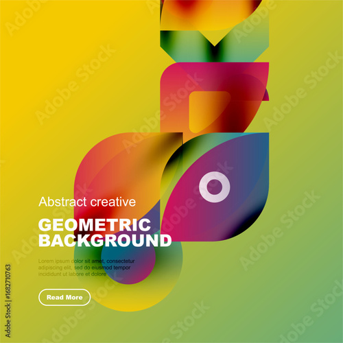 Vibrant abstract design features flowing shapes, bold colors. Yellow background complements dynamic composition, text overlay present.