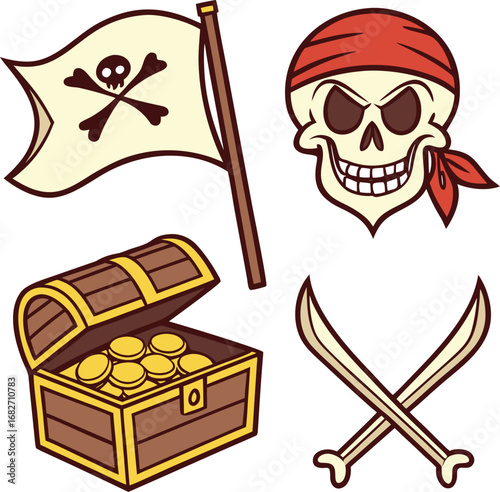 Vector art of pirate treasure chest, skull and crossbones flag, and crossed swords