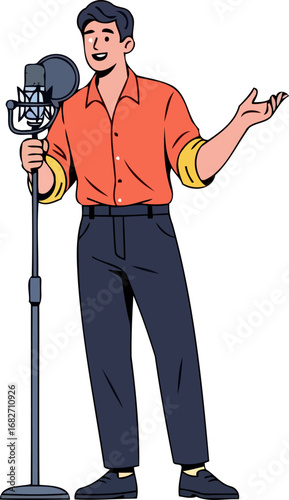 enthusiastic male singer at studio microphone captivating voice and performance, isolated on transparent background