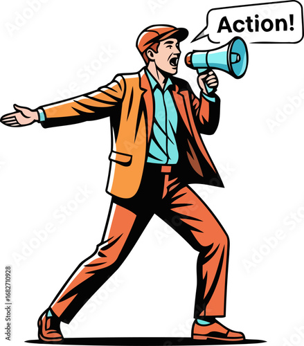 energetic announcer with megaphone motivational call to action, dynamic pose, vintage illustration, isolated on transparent background