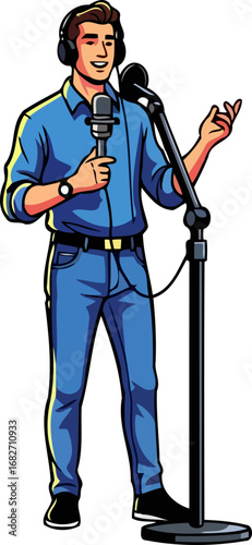 enthusiastic podcast host broadcasting live dynamic voiceover artist on air, isolated on transparent background