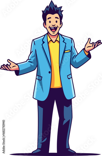 enthusiastic man, welcoming gesture, bright blue jacket, joyful expression, positive presentation, isolated on transparent background
