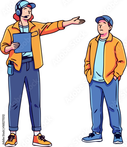 female tour guide instructing a tourist a lively city exploration illustration, isolated on transparent background