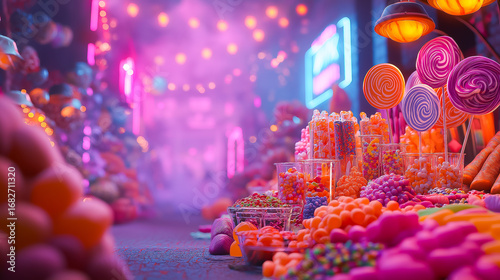 Sweet paradise confectionery delight assortment with lollipop neon lights sugary dream