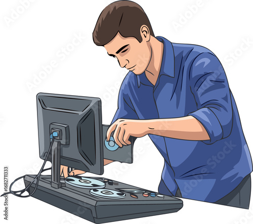 focused technician loading data disc into vintage computer system, isolated on transparent background