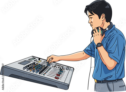 focused sound engineer mixing audio mastering the consoles intricate controls, isolated on transparent background