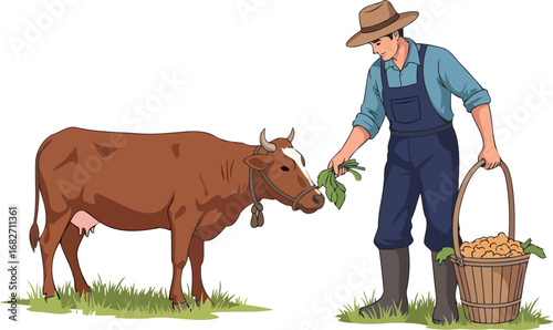 gentle farmers kindness a heartwarming scene of rural life, depicting a farmer tenderly feeding his brown cow fresh greens from a rustic basket, isolated on transparent background