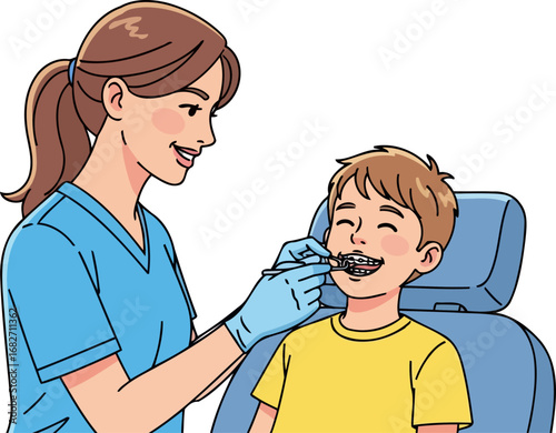 gentle orthodontist adjusting childs braces a positive dental experience illustration, isolated on transparent background