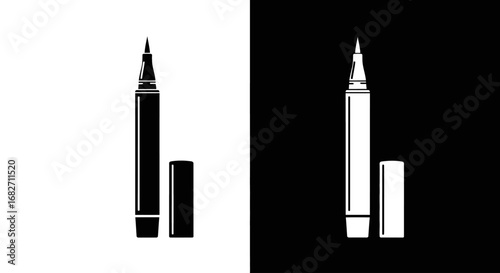 A liquid eyeliner pen, a black and white split icon representing eye makeup, cosmetics, and creating a winged look.