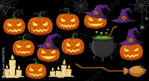 Vector set of Halloween decorative elements such as carved pumpkins, candles, boiling cauldron, witch broom, and spider web ornaments, flat design style, vibrant colors