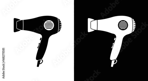 A professional hair dryer or blow dryer, a black and white icon representing a hair salon, hairstyling, and haircare.