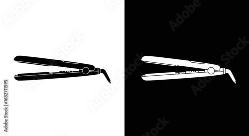 A hair straightener or flat iron, a black and white split icon for hairstyling tools, beauty salons, and haircare.
