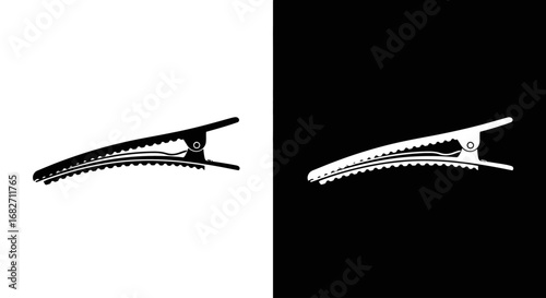 A classic metal hair clip or barrette, a black and white icon representing hairstyling accessories and beauty products.