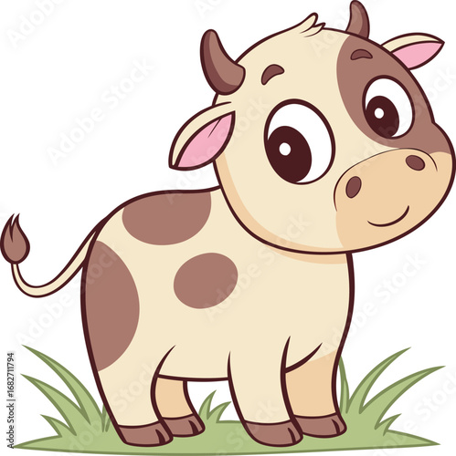 Vector art of cute cartoon baby cow standing in green grass, happy and smiling, farm animal illustration