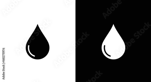 A single drop of liquid, a black and white split icon representing water, oil, serum, and skincare products.