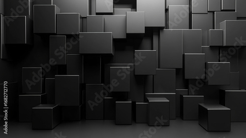 Abstract 3D geometric blocks arranged on a dark background, creating depth and modern visual appeal with sleek shapes and shadow contrasts.