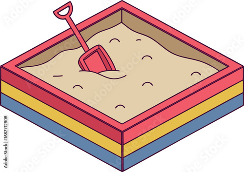 Vector art of a red shovel stuck in a sandbox filled with sand and small mounds