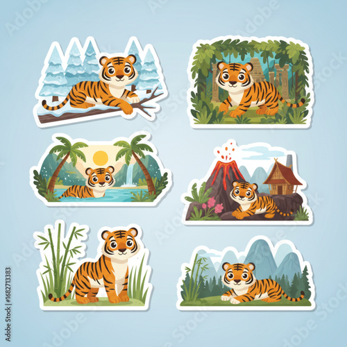 Six poses of tigers from various countries, illustrating diverse natural habitats and movements of this majestic big cat