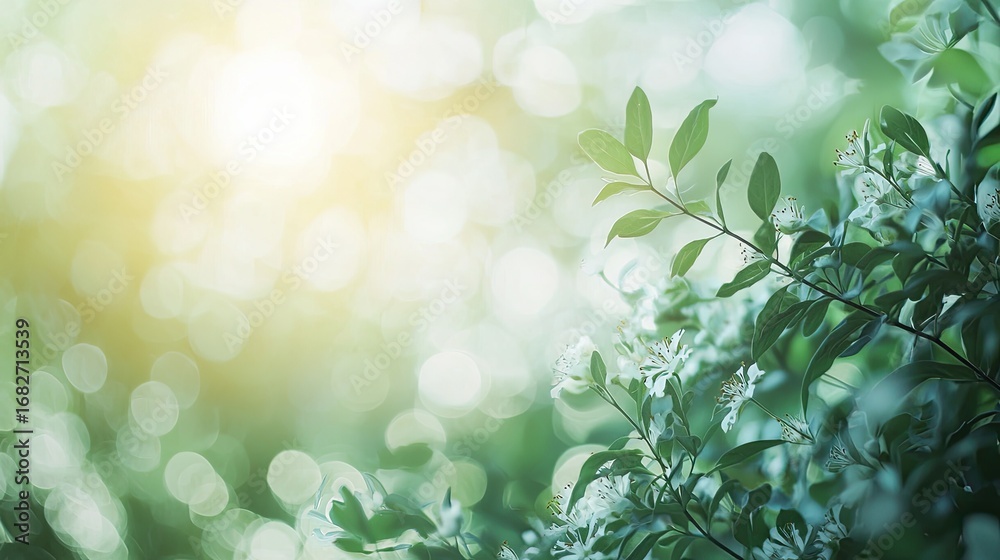 Fototapeta premium A serene garden scene with blooming white flowers and green leaves, illuminated by a soft, natural light, creating a tranquil and peaceful atmosphere.