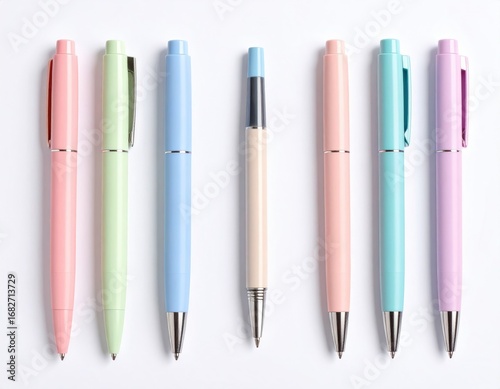 Array of pastel-colored pens arranged vertically on a white surface, featuring varied hues