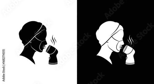 A person using an inhaler or nebulizer, a black and white icon for asthma, respiratory treatment, or a facial steamer.