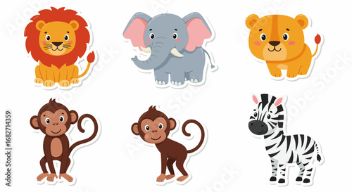 Cartoon Animals: Lion Elephant Lion Cub Monkeys and Zebra Illustration.