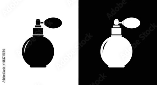 A vintage perfume bottle with an atomizer pump, a black and white icon for classic fragrance, luxury, and elegance.