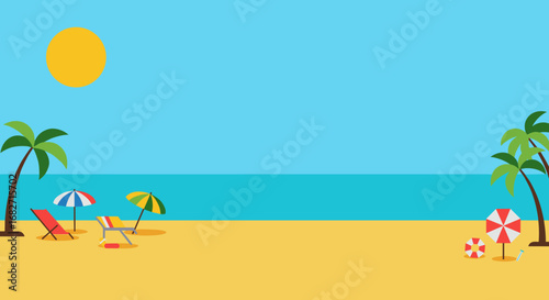 "Flat Vector Beach Landscape with Palm Trees and Blue Sky"