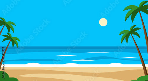 "Flat Vector Beach Landscape with Palm Trees and Blue Sky"