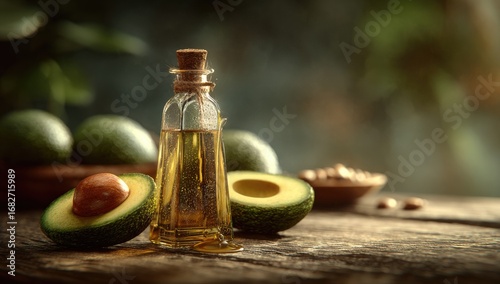 Avocado oil in small glass bottle. Fresh avocados