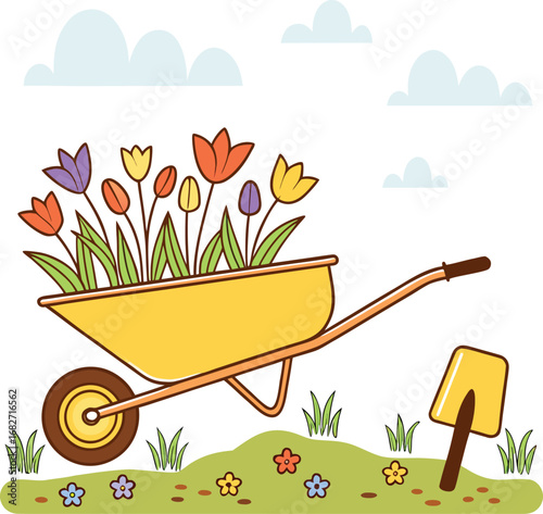 Vector art of a yellow wheelbarrow filled with colorful tulips and a shovel in a garden with clouds in the background