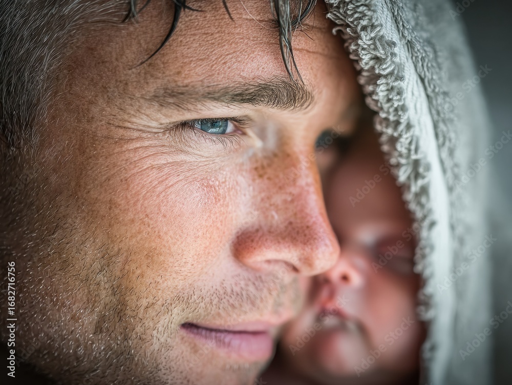 Obraz premium Closeup of Caucasian man with rough skin holding sleeping newborn covered in soft towel under natural light expressing deep emotion fatherhood warmth and quiet strength through loving connection