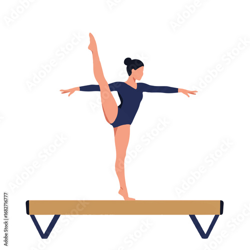 A precise and focused female gymnast performs a routine on a balance beam, depicted in a minimalist 2D flat vector illustration with clean lines and solid colors, isolated on a white background.