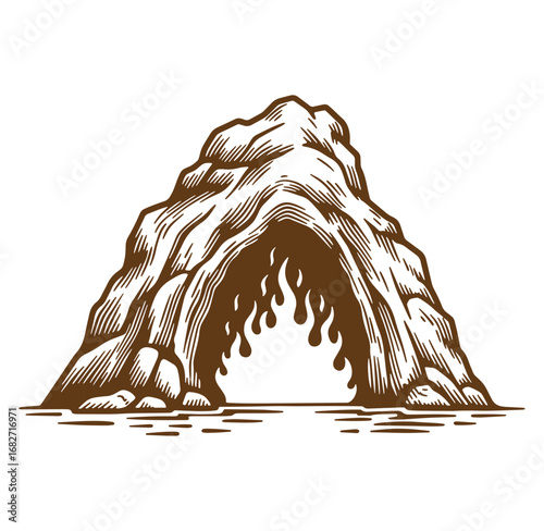 Engraved illustration of a cave entrance with fire symbolizing adventure and exploration